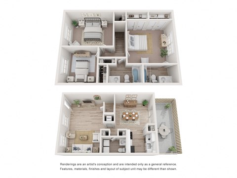 a stylized floor plan of a 2 bedroom apartment